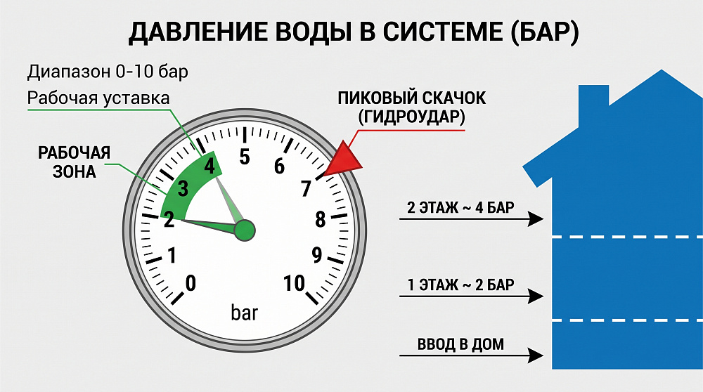 Диапазон 0-10 бар и рабочая уставка